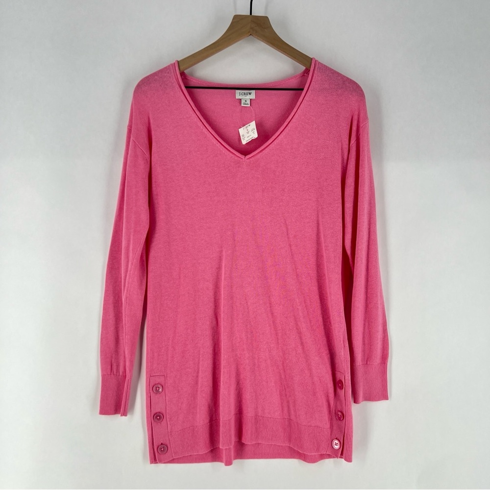 J. Crew Factory Linen Blend Button Tunic Sweater Pink V Neck Long Sleeve